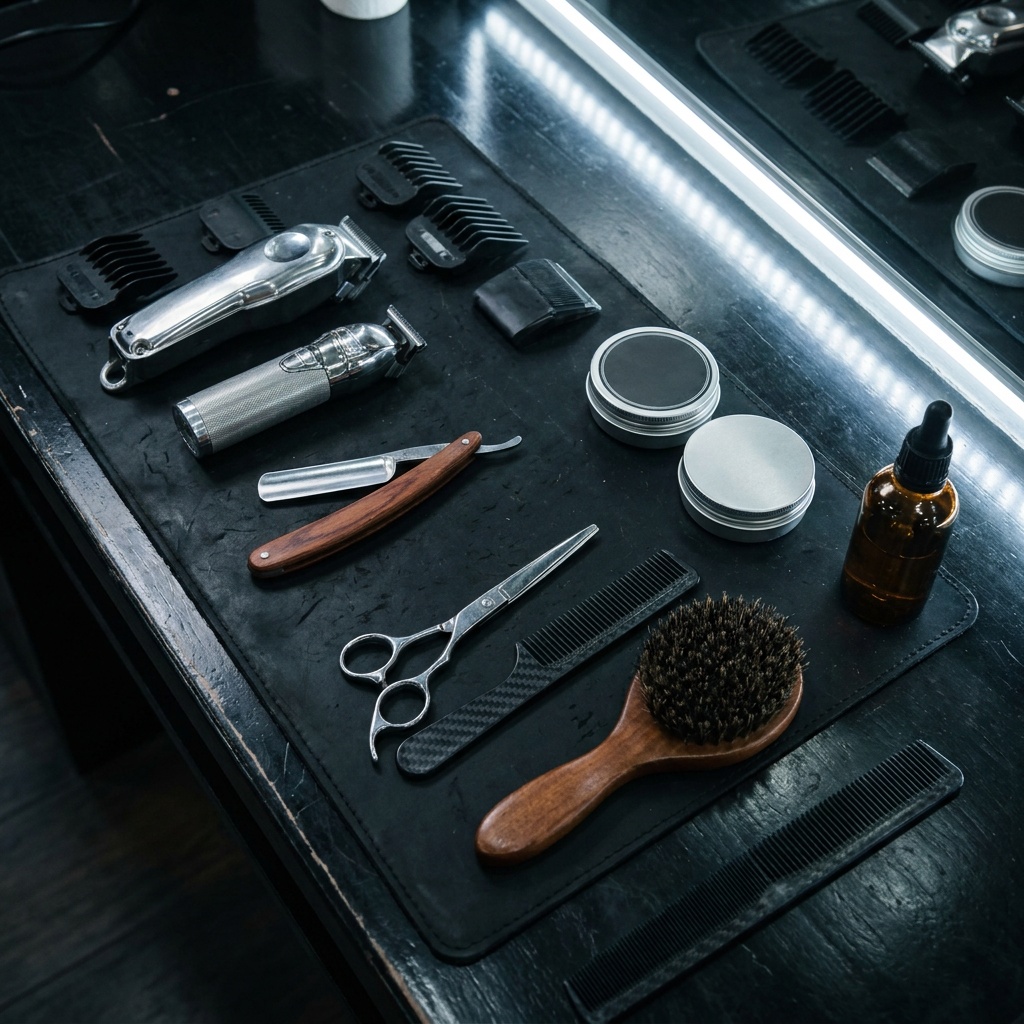 Herramientas de barbero sobre el puesto de trabajo